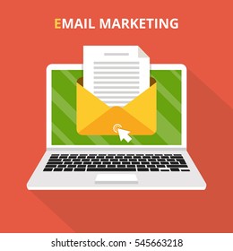 Laptop with envelope and read email on screen. Email marketing, internet advertising concepts. Flat vector illustration.