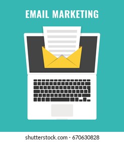 Laptop with envelope and read email on screen. Email marketing, internet advertising concepts. Flat cartoon style. Vector illustration.