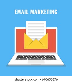 Laptop with envelope and read email on screen. Email marketing, internet advertising concepts. Flat cartoon style. Vector illustration.