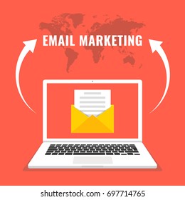 Laptop with envelope and read email on screen. Email marketing, internet advertising concepts. Flat cartoon style. Vector illustration.