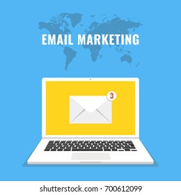 Laptop with envelope and read email on screen. Email marketing, internet advertising concepts. Flat cartoon style. Vector illustration.