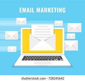 Laptop with envelope and read email on screen. Flying letters on the background. Email marketing, internet advertising concepts. Vector illustration.