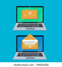 Laptop with envelope and read email on screen. Email marketing, sending and receiving email
