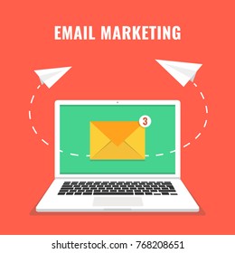 Laptop with envelope and read email on screen. Email marketing, internet advertising concepts. Vector illustration.