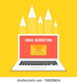 Laptop with envelope and read email on screen. Email marketing, internet advertising concepts. Vector illustration.