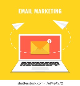 Laptop with envelope and read email on screen. Email marketing, internet advertising concepts. Vector illustration.