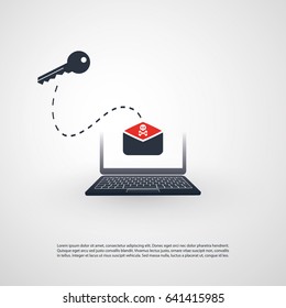Laptop and Envelope with Skull and Key Icon - Virus, Malware, Ransomware, Fraud, Spam, Phishing, Email Scam, Hacker Attack - IT Security Concept Design, Vector illustration