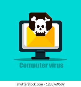 Laptop with envelope and skull on the screen. Concept of virus, piracy, hacking and security. Flat vector illustration.