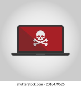 Portátil con sobre y cráneo en la pantalla. Concepto de virus, piratería, hackeo y seguridad. Ilustración vectorial plana.