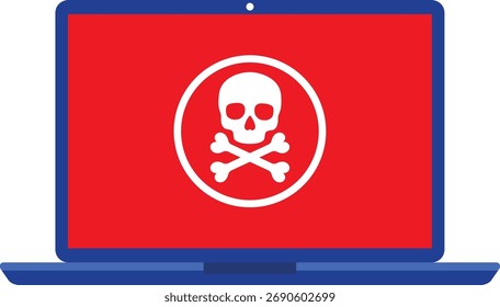 Portátil con sobre y calavera en la pantalla. Concepto de virus, piratería, hackeo y seguridad. Mensaje rojo de alerta de estafa en la ventana del navegador. Etiqueta de la muestra de la estafa aislada en el ordenador de la pantalla.