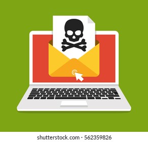 Laptop with envelope and skull on the screen. Concept of virus, piracy, hacking and security. Flat vector illustration.