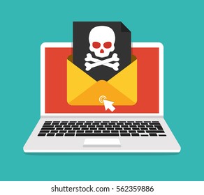 Laptop with envelope and skull on the screen. Concept of virus, piracy, hacking and security. Flat vector illustration.