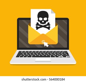 Laptop with envelope and skull on the screen. Concept of virus, piracy, hacking and security. Flat vector illustration.