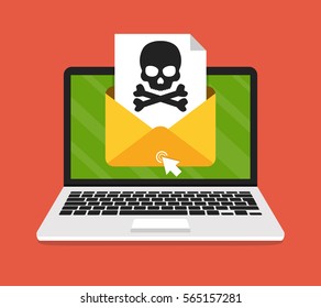Laptop with envelope and skull on the screen. Concept of virus, piracy, hacking and security. Flat vector illustration.