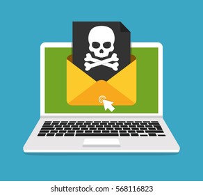 Laptop with envelope and skull on the screen. Concept of virus, piracy, hacking and security. Flat vector illustration.