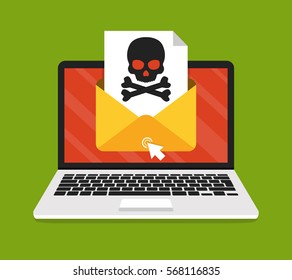 Laptop with envelope and skull on the screen. Concept of virus, piracy, hacking and security. Flat vector illustration.