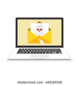 Laptop with envelope and skull on the screen. Concept of virus, piracy, hacking and security. Flat vector illustration.
