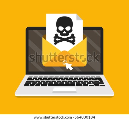 Laptop with envelope and skull on the screen. Concept of virus, piracy, hacking and security. Flat vector illustration.