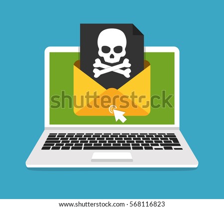 Laptop with envelope and skull on the screen. Concept of virus, piracy, hacking and security. Flat vector illustration.