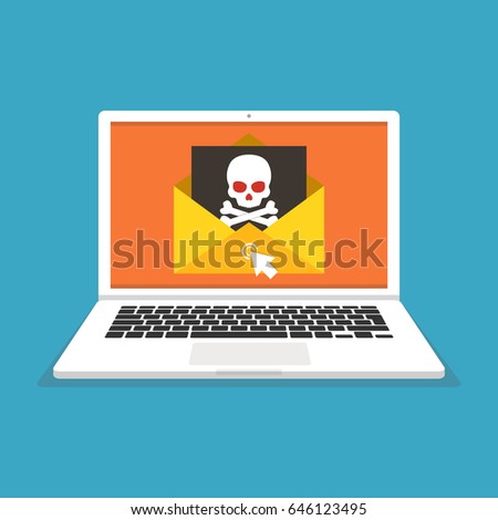 Laptop with envelope and skull on the screen. Concept of virus, piracy, hacking and security. Flat vector illustration.