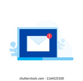 Laptop with envelope, symbol of email receiving, service, notification, electronic mail, new message. Modern vector illustration in flat stile.