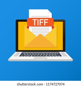 Laptop with envelope and TIFF file. Notebook and email with file attachment TIFF document. Vector illustration.