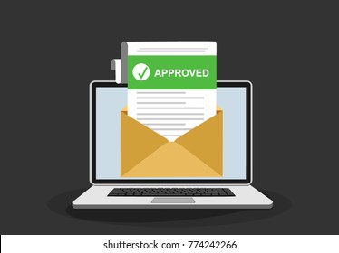 Laptop and envelope with university acceptance letter. Email with accepted header, subject line.College acceptance admission or employment, recruitment concepts. Modern flat design vector illustration