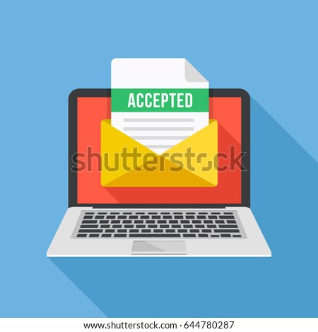 Laptop and envelope with university acceptance letter. Email with accepted header, subject line. College acceptance, admission, employment, recruitment concepts. Modern flat design vector illustration