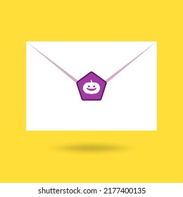 Laptop and envelope with white document and Pumpkin icon. Virus, malware, email fraud, e-mail spam, phishing scam. Trendy flat design graphic with long shadow. Vector illustration