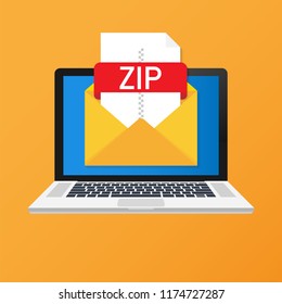 Portátil con sobre y archivo ZIP. Portátil y correo electrónico con documento ZIP adjunto. Ilustración de material vectorial.