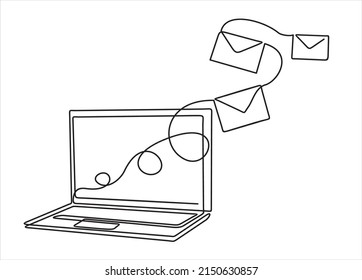 Laptop and envelopes e mail list building illustration continuous one line art illustration. Can used for logo, emblem, slide show and banner. Illustration with quote template. 