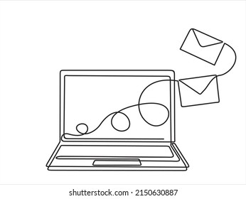 Portátil y sobres e lista de correo electrónico ilustración de construcción continua de una línea de ilustración. Se puede usar para logotipo, emblema, presentación de diapositivas y banner. Ilustración con plantilla de presupuesto. 