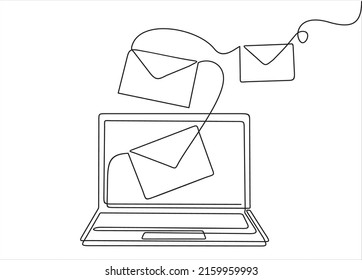 Laptop and envelopes e mail list building illustration continuous one line art illustration. Can used for logo, emblem, slide show and banner. Illustration with quote template. 