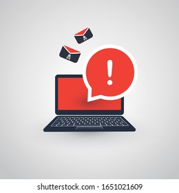 Laptop and Envelopes - Malware Attack Warning, Infection by E-mail - Virus, Backdoor, Ransomware, Fraud, Spam, Phishing, Email Scam, Hacked Computer - IT Security Concept Design, Vector Illustration