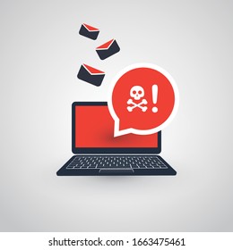 Laptop and Envelopes - Malware Attack Warning, Infection by E-mail - Virus, Backdoor, Ransomware, Fraud, Spam, Phishing, Email Scam, Hacked Computer - IT Security Concept Design, Vector Illustration