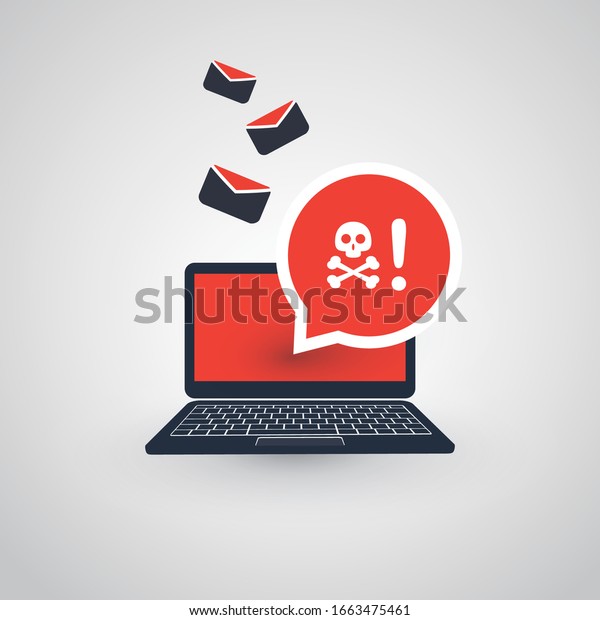 Laptop and Envelopes - Malware Attack\
Warning, Infection by E-mail - Virus, Backdoor, Ransomware, Fraud,\
Spam, Phishing, Email Scam, Hacked Computer - IT Security Concept\
Design, Vector\
Illustration