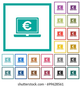 Laptop with Euro sign flat color icons with quadrant frames on white background