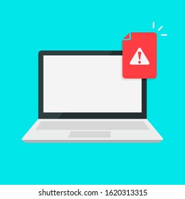 Laptop with exclamation mark notifying about error or threat. Error window, exit button, no, cancel, 404 error page not found concepts. Modern long shadow flat design. Vector illustration.