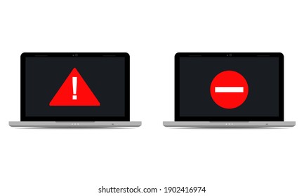 Portátil con signo de exclamación en la pantalla. No Se Permite El Signo. Acceso restringido y prohibido. Concepto de seguridad en ordenadores. Vector de ilustración