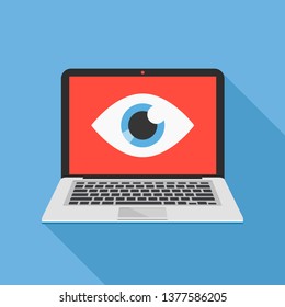 Laptop and eye icon. Internet surveillance, spyware, computer is watching you concepts. Flat design. Vector illustration