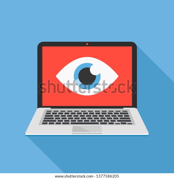 Laptop and\
eye icon. Internet surveillance, spyware, computer is watching you\
concepts. Flat design. Vector\
illustration