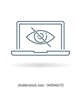 Laptop eye icon. Notebook view sign. Mobile PC search symbol. Thin line icon on white background. Vector illustration.