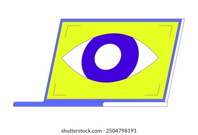 Laptop eye tracking 2D cartoon object. Monitoring surveillance notebook isolated flat vector element white background. Digital authorization. Identification technology color spot illustration