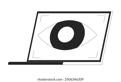 Objeto de línea 2D blanco y negro de seguimiento ocular de computadora portátil. Cuaderno de supervisión de vigilancia elemento de esquema de Vector aislado. Autorización digital. Ilustración de punto plano monocromático de tecnología de Identificación