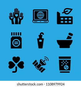 laptop, factory, medicine, hands with hearts, tablets, satellite, umbrella stand, clover and mortar vector icon. Simple icons set