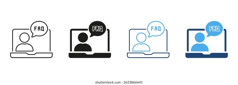 Laptop With Faq Speech Bubble Icon Set. Online Support, Customer Service, And Information Assistance Outline And Silhouette Symbol Collection. Digital Help And Guidance. Isolated Vector Illustration.