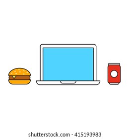 Laptop with fast food, burger and soda. Vector flat icon design illustration on white background.