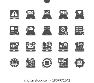 Laptop. Favorite gadget, computer, device, hardware. Data download. Network access. Charts and tables. Work in editors. Vector Solid Icons. Simple Pictogram