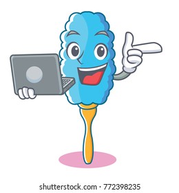 With laptop feather duster character cartoon