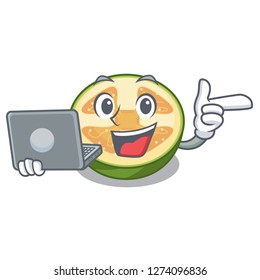 With laptop feijoa fruit in a cartoon basket